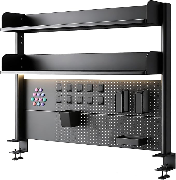 CHSSIH Clamp On Desk Pegboard Shelf - Metal Desktop Organizer Hutch with 2 Shelves for Storage and Display, Desk Add-On Shelf for Office, Dorm, or Computer Monitor Stand, Black, 39.3In