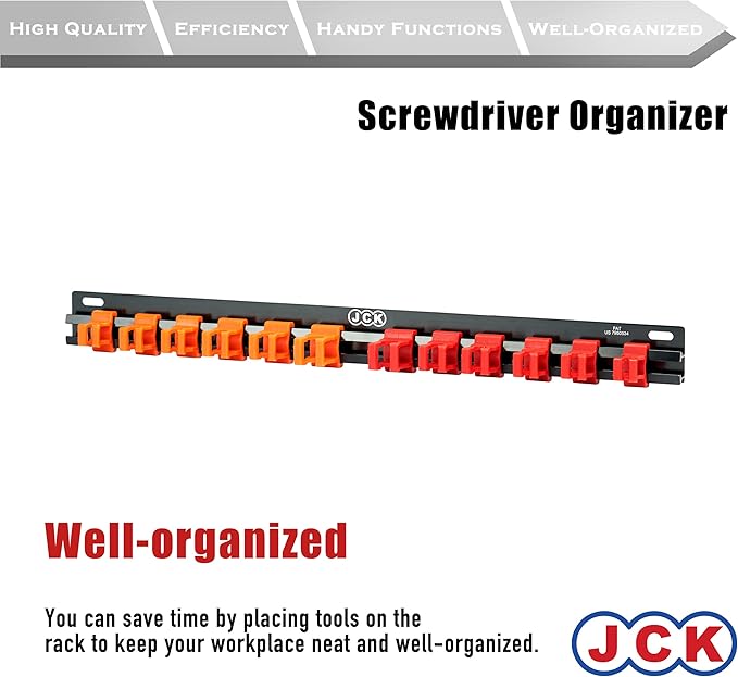 JCK Professional Quality Aluminum Screwdriver Organizer, Wall Mount Screwdriver Organizer, Toolbox Storage, Tool Storage Organizer,Garage Workshop,Hand Tool Holder,Flathead and Phillips Screwdrivers