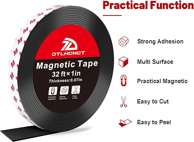 DTLHCNCT Magnetic Tape - 32 ft x 1 inch Magnet Strip Tape Roll with Strong Adhesive Backing for Kitchen, Office, School Organization, Whiteboards,Fridge(0.07" Thick)
