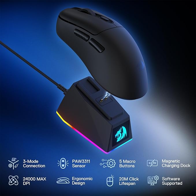 Redragon M998 Lightweight Wireless Gaming Mouse with RGB Magnetic Charging Dock, BT/2.4G Wireless/Wired Optical Mice, 24000 DPI, 5 Programmable Buttons for PC/Mac, Black