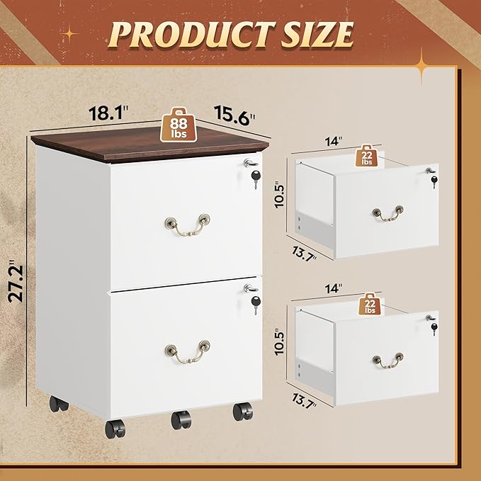DEVAISE 2 Drawer File Cabinet, Small Rolling Filing Cabinet for Home Office, Printer Stand, for A4, Letter-Size