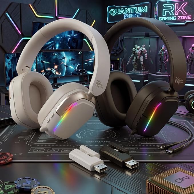 RK Royal Kludge HG101 Wireless Gaming Headset, 7.1 Surround Sound, Stereo Wired Headphones with Retractable Mic, Bluetooth5.3, RGB, Memory Foam Ear Pads, Works with PC, PS4, PS5, Switch, Platinum Grey
