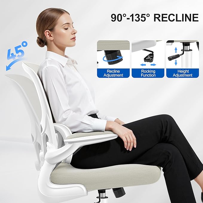ALLGOD Ergonomic Office Chair, Breathable Mesh Ergonomic Desk Chair with Adjustable Lumbar Support, Flip-up Armrests, Computer Chairs Comfortable for Home, Office, Work, 300lbs, White, Upgrade