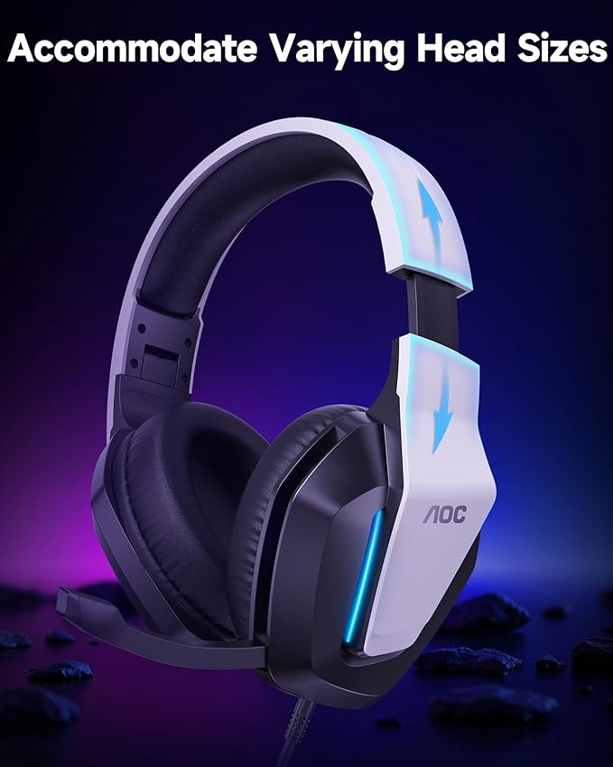 AOC Wired Gaming Headset, Surround Sound Headphones for Xbox Series X|S, PS5, PC, Switch, Noise Canceling Over-Ear Gaming Mic, 50mm Drivers, 3.5mm Jack, White