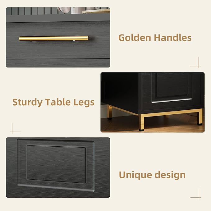 4 EVER WINNER Black Desk with Drawers, 43 Inch Writing Desk with Storage File Cabinet and Golden Handle, Home Office Desk for Bedroom, Black