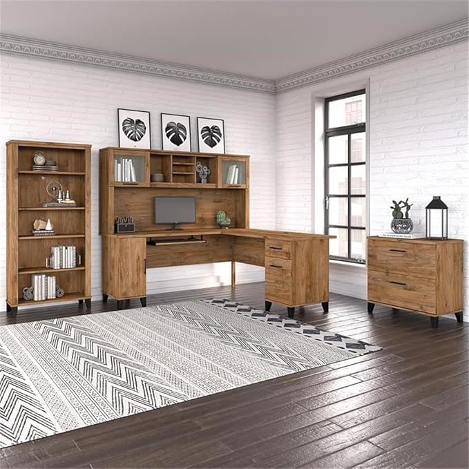 Pemberly Row 72W L Shaped Desk with Hutch, Storage, Lateral File Cabinet, and 5 Shelf Bookcase, Fresh Walnut Finish, Engineered Wood Home Office Furniture Set, Transitional Style