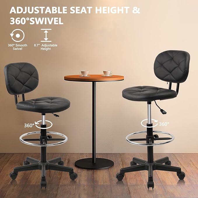 KLASIKA PU Leather Rolling Stool with Foot Rest and Back Support, Adjustable Diamond Upholstered Drafting Chair with Wheels, Multi-Purpose Desk Chair for Home Office Bar Kitchen Shop, Black (1PK)