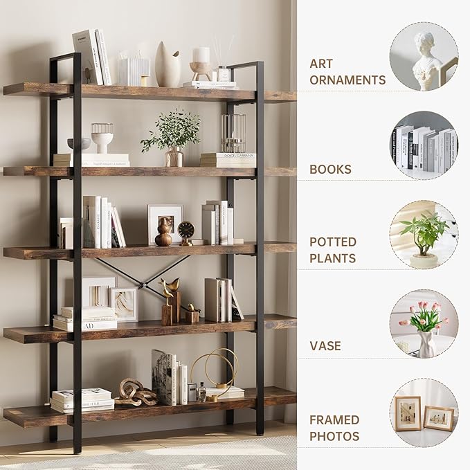 OtterOasis Heavy Duty 5-Tier Industrial Bookcase, 47" Wide Wood Bookshelf for Home Office, 120lbs Shelf Capacity, Rustic Open Shelving Display with Reinforced Horizontal Shelf for Living Room Bedroom