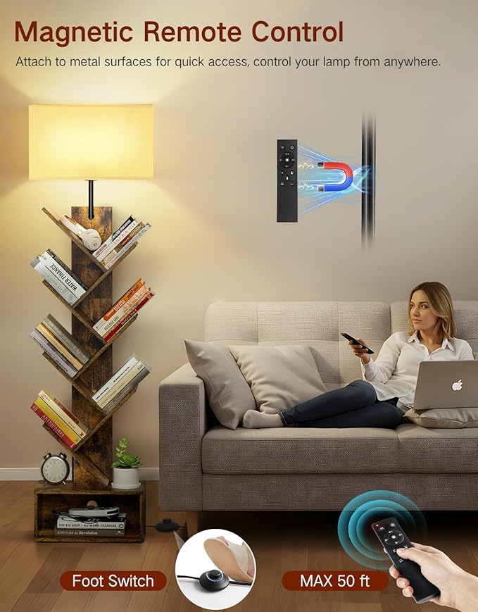 6 Tier Tree Bookshelf with Light, Remote & Timer, Modern Tall Floor Standing Book Shelf, Narrow Wood Bookcase, Small Book Organizer Shelves for Living Room, Bedroom, Office (Rustic Brown)