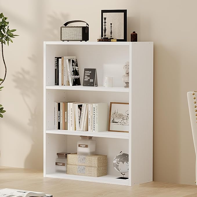 Sweetcrispy Industrial 3 Shelf Bookcase - Large 31.5 Inch Tall Floor Standing Open Bookshelf for Home Office, Living Room, and Bedroom Storage, White