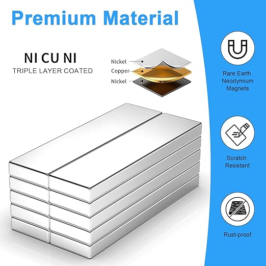 10 Pack 40x10x3 mm Rare Earth Neodymium Magnets, Powerful Small Strong Metal Rectangular Bar Magnetic Strip Magnet for Fridge Garage Kitchen Science Craft Office, Silver