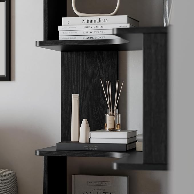 Prepac Nordik 6-Tier Black Modern Mid Century Corner Bookcase, 71.5" Extra Tall Black Corner Shelf with Storage, Multifunctional Freestanding Bookshelf for Home Office, Living Room, Dining Room
