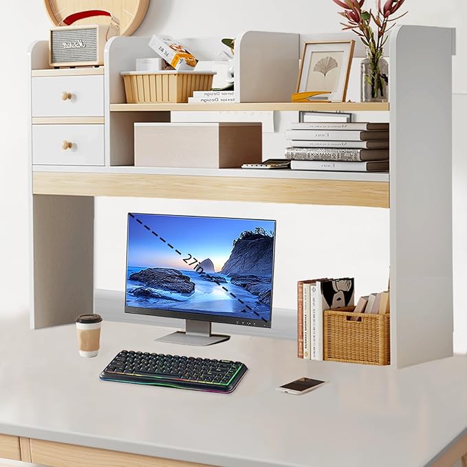 Desktop Bookshelf, Countertop Storage Hutch with 4 Shelves for Computer Desk,Wooden Desktop Hutch Bookshelf,Computer Bookcase for Dorm Office Home(White)