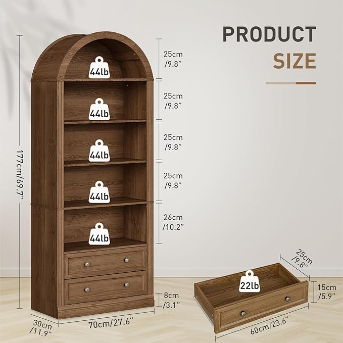 RALGEND Farmhouse Arched Bookshelf, 7 Tiers Arch Bookcase with 2 Spacious Drawers, Modern Book Shelf with Open Display Shelves and Storage Cabinet, for Office, Living Room, Kitchen, Walnut