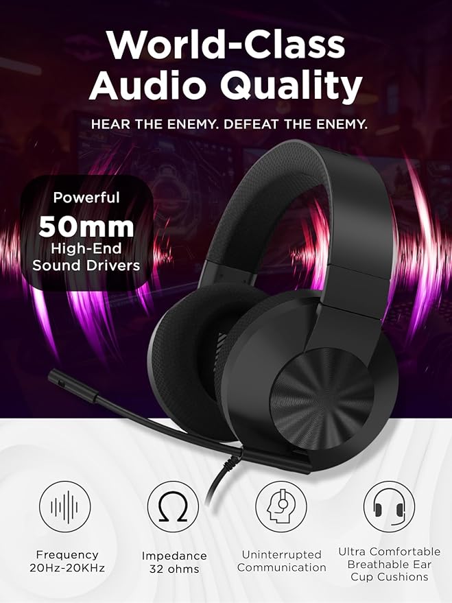 Lenovo H210 Wired Gaming Headset - 3.5mm Connection, Flip-to-Mute Noise-Cancelling Microphone, Breathable Ear Cups - Black