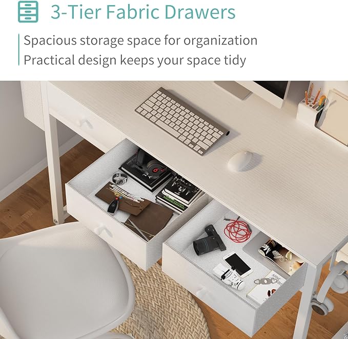 Lufeiya Small White Computer Desk with Drawers for Home Office Bedroom, 40 Inch Vanity Desk with Fabric Drawer Storage and Side Pouch, Study Writing Table, White