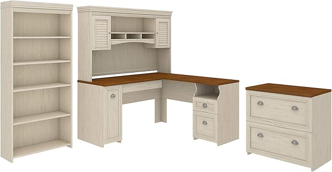 Bush Home Fairview 60W L Shaped Desk with Hutch, Lateral File Cabinet and 5 Shelf Bookcase in Antique White and Tea Maple