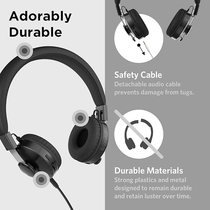 LilGadgets Untangled Pro On-Ear Kids Headphones - Black, Ages 4+, Volume-Limited - Bluetooth & Wired Earphones with SharePort, SoftTouch Padding, 3.5mm Cord, Built-in Mic, 12H Battery