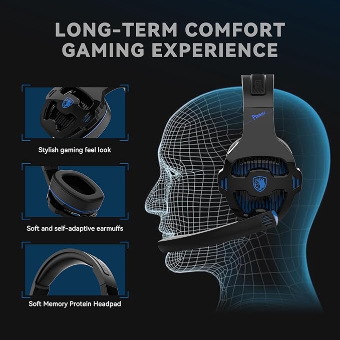 Gaming Headset with Microphone for PS5, PS4, Xbox Series X|S, Nintendo Switch, PC - 3.5mm Wired Over Ear Headphones, Noise Canceling Mic, Stereo Surround Sound, Soft Memory Foam - Black Blue