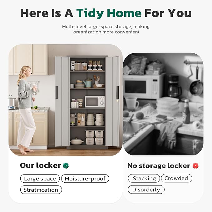 Greenvelly 63" H Metal Storage Cabinet Grey White, Locking Metal Cabinet, Store Tools, Clothes, Tableware and Toiletries, Garage Cabinets with Adjustable Shelves for Office, Home, Garage, Pantry