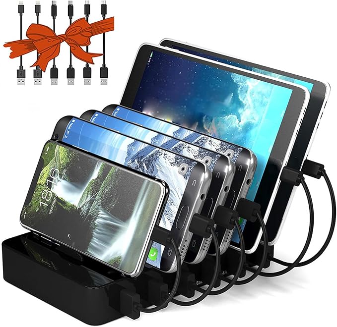 Charging Station for Multiple Devices,50W 6 USB Ports Family Charger Compatible with Apple iPhone iPad and Android Phone and Tablet