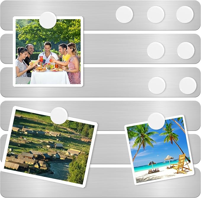 Magnetic Bulletin Board Magnet Board, Frameless Stainless Metal Board Strip, Magnetic Strips with Adhesive Backing Small Memo Display Board with 10 Pcs White Magnet, for Kitchen Office (6 PCS)