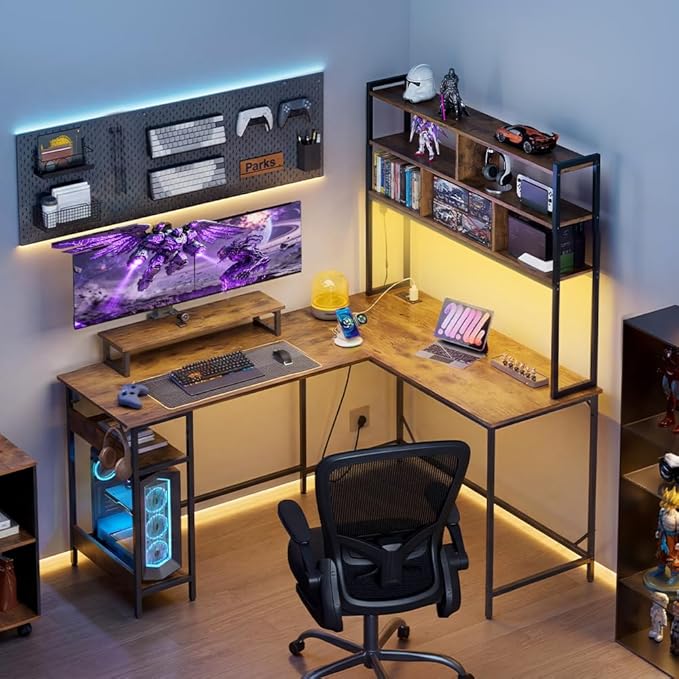 DEVAISE L Shaped Gaming Desk with Hutch, Reversible Computer Desk with LED Light, 3-Tier Shelves, 2 AC+2 USB Outlet and Monitor Stand, Corner Desk with Storage for Home Office (Rustic Brown, 60 Inch)