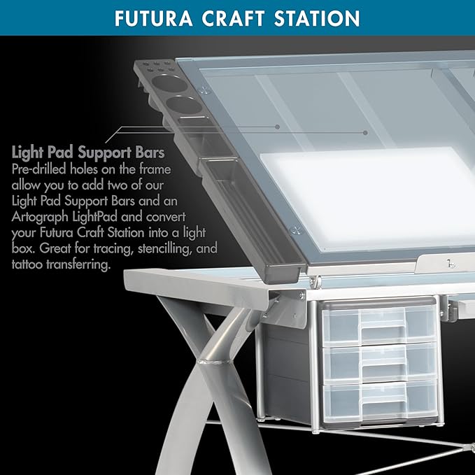 SD Studio Designs 10050 Futura Craft & Drawing Table with Adjustable Tempered Safety Glass Top – Modern Art Desk with Storage Drawers, Pencil Ledge, Silver/Blue Glass