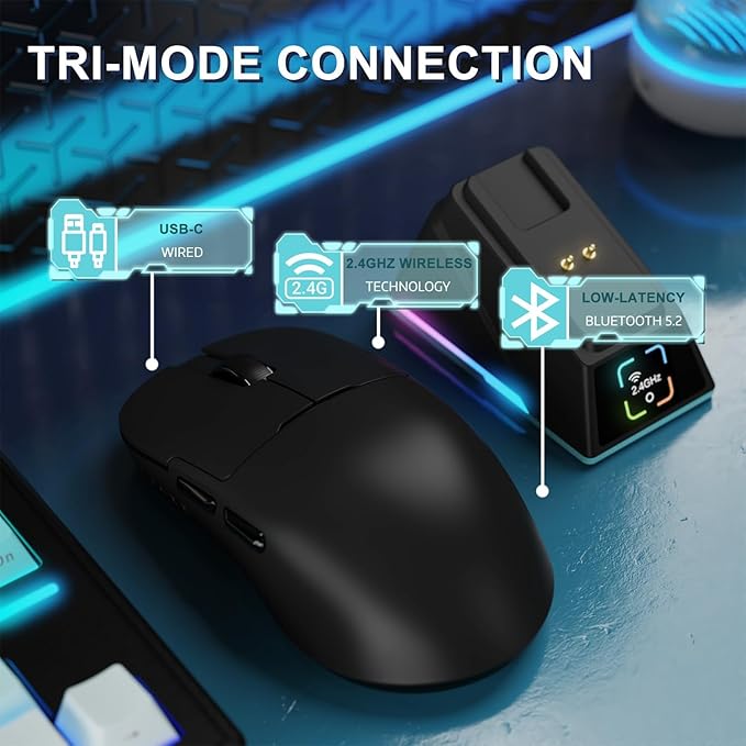 A.JAZZ AJ159APEX 8Khz Wireless Gaming Mouse Ultralight 56g with Magnetic Screen Charging Dock 42000DPI PAW3950 Sensor Tri Mode BT/2.4Ghz/Type-c Wired Programmable for Esport FPS PC Mac Gamer(Black)