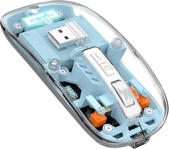 A.JAZZ Wireless Bluetooth5.1&2.4G Mini Lightweight Mouse,Transparent Clear Cool,Rechargeable Silent Computer Mice,Nano USB C Receiver,LED Battery Magic Silm for Office/PC/Mac/Laptop/Apple/ipad(Blue)