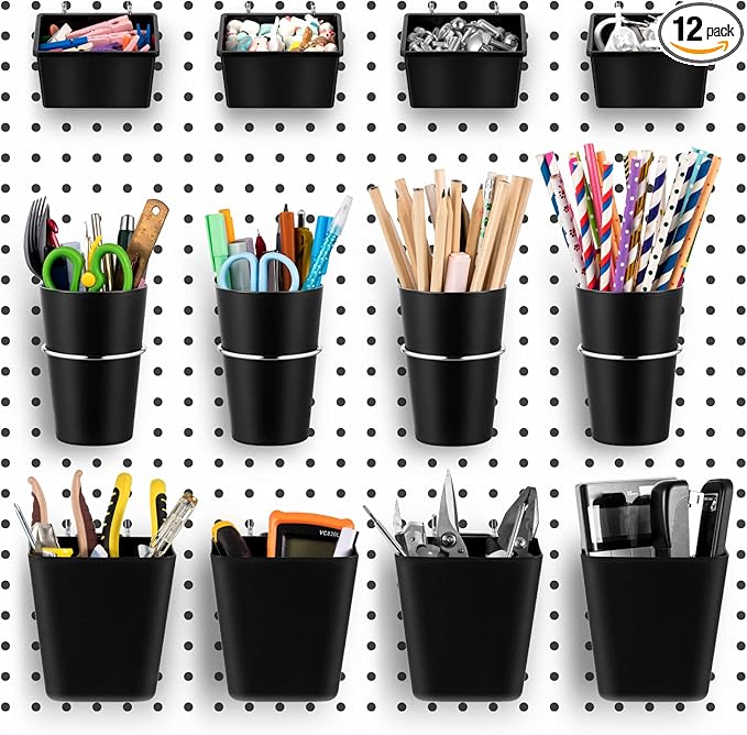 Jinei 12 Pcs Pegboard Bins and Cups with Hooks and Loops Peg Assortment Organizer Accessories Various Tool Organizer Pegboard Basket Set for Garage Workshop Workbench Office(Black)