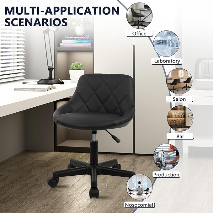 Low Back Small Rolling Stool with Backrest - 360° Swivel Chairs with Wheels, Adjustable Height Armless Vanity Chair, Thickened Seat Cushion Stool Chairs for Spa, Shop, Salon, Massage, Black, 2 Pack