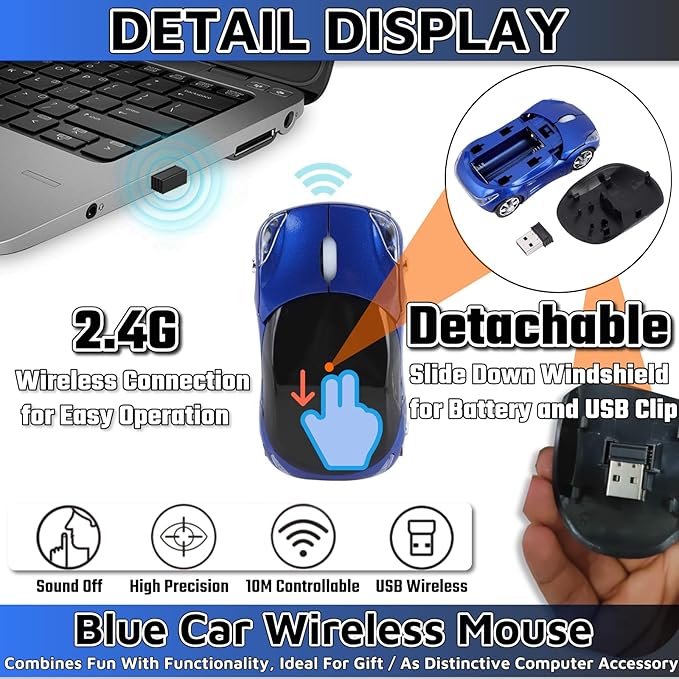 HuGuWdy Blue Cute Wireless Mouse，2.4G with USB Reciver 1600DPI Car Mouse for Computer Laptop Tablet for Windows for Mac OS for Christmas（Blue）