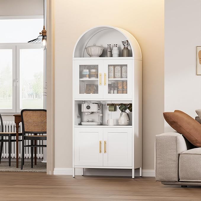 VEXPOR 73" Tall Arched Kitchen Pantry Cabinet with Doors, Metal Arched Hutch Cabinet for Kitchen, Dining Room, Living Room, Assembly Required, White