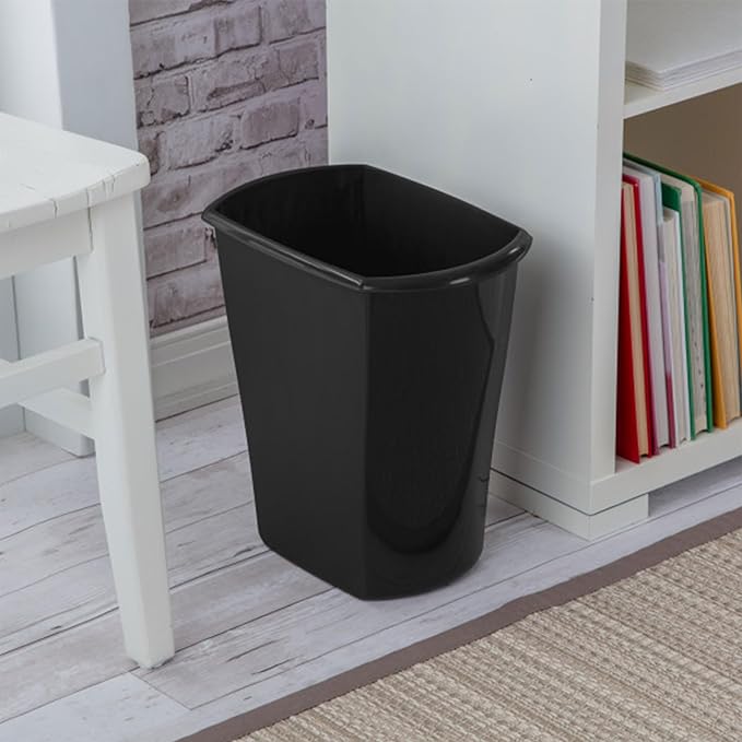 Sterilite 3 Gallon Rectangular Wastebasket, Small Plastic Trash Can for The Bathroom, Bedroom, Dorm Room or Home Office, Black, 6-Pack