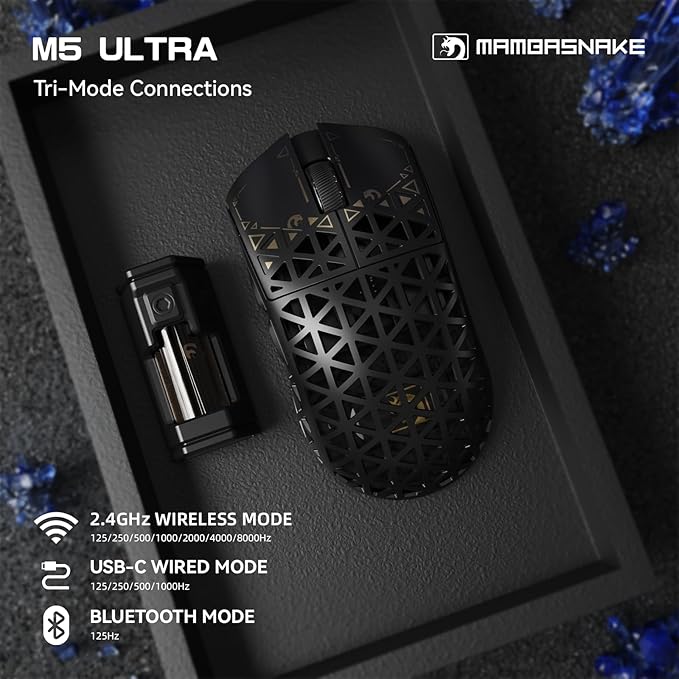 MAMBASNAKE M5 Ultra Carbon Fiber Mouse, 39g Superlight, 42000DPI, PAW3950MAX Sensor, Nordic 52840 Chip, Coiled Cable for PC/Mac (Black)