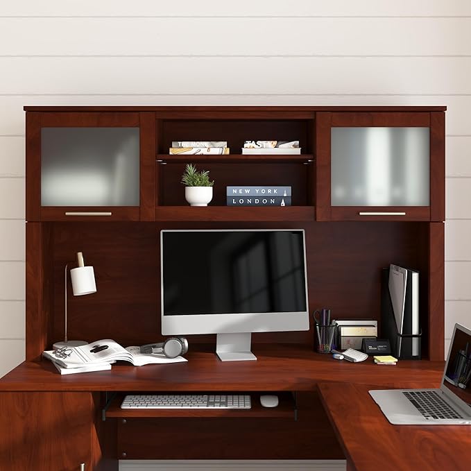 Bush Home 60-Inch Desk Hutch, Office Storage Organizer with Shelves, Cubbies and Frosted Glass Doors for Computer Desk, Home Office Furniture, Somerset Collection, Hansen Cherry