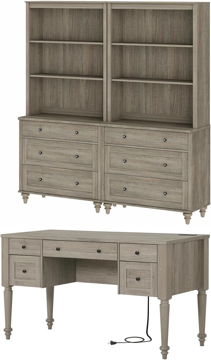 WAMPAT Home Office Furniture Set, 56'' Executive Desk with Charging Station, 72" Tall Bookcase with 6 Drawers, Wood Computer Desk with File Cabinet Storage, Open Shelf, Wash Grey