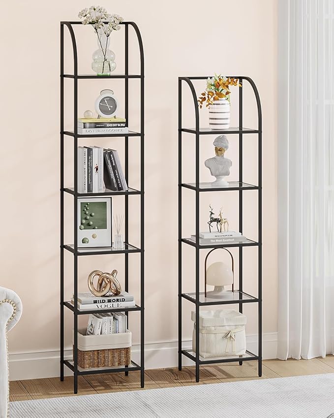 Hzuaneri Bookcase Bookshelf, Tempered Glass Arched Bookshelf for More Storage, Slim Shelving Unit for Bedroom, Bathroom, Home Office, Steel Frame, 6 Tier Black BC20699B