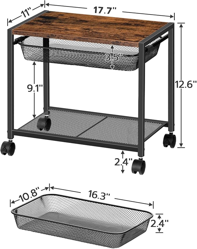 HOOBRO Under Desk Printer Stand, Industrial Printer Cart with Storage Shelf, 2-Tier Mobile Printer Table on Wheels, Heavy Duty Machine Storage Rack for Office and Home Rustic Brown + Black BF12PS01