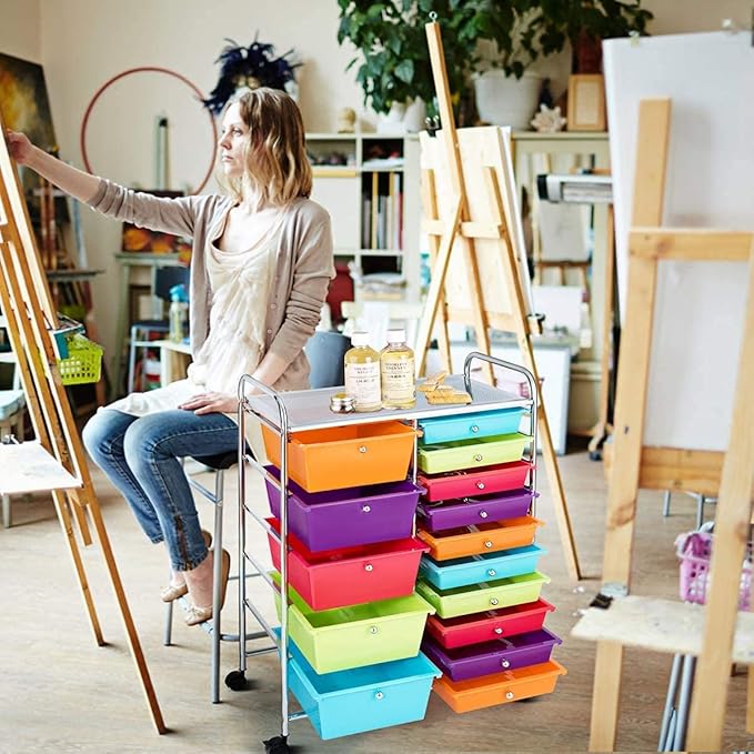 Moccha 15-Drawer Rolling Storage Cart - Under Desk Storage Drawers with wheels for Craft Art Supply Paper Salon, Scrapbook Paper Tools, Mobile Utility Cart for Classroom (15 Drawers, Multicolor)