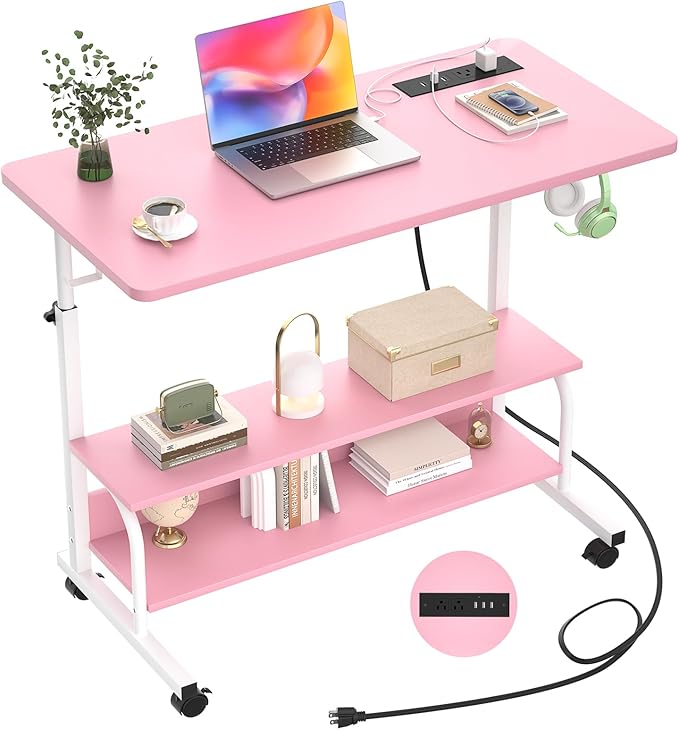 Armocity Rolling Standing Desk with Power Outlets, 32" Manual Height Adjustable Mobile Computer Desk with Wheels, Small Portable Sit Stand Laptop Couch Table for Bed & Sofa Home Office, Pink
