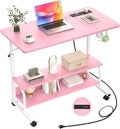 Armocity Rolling Standing Desk with Power Outlets, 32" Manual Height Adjustable Mobile Computer Desk with Wheels, Small Portable Sit Stand Laptop Couch Table for Bed & Sofa Home Office, Pink