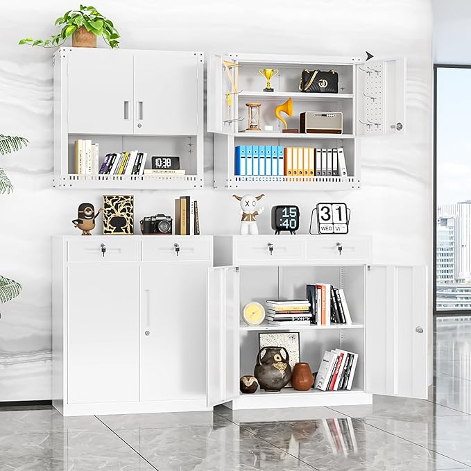 INTERGREAT Metal Storage Cabinet with Drawers, 42”H Lockable Office Storage Cabinets with 2 Doors and Adjustable Shelves, White Steel File Cabinet for Home Office, Garage, School, Apartment(White)