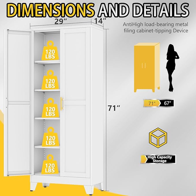 PAOFIN 71" Metal Storage Cabinet with 2 Doors and 4 Adjustable Shelves,White Metal Garage Storage Cabinets, File Cabinet,Steel Tool Cabinets for Home,Office,Garage,School,Warehouse