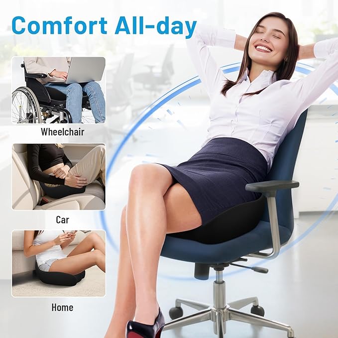 Cushzone Seat Cushion, Memory Foam Office Chair Cushions, Ergonomic Curved Design for Sciatica, Tailbone, Coccyx, Seat Support for Car, Desk Chair, Wheelchair, Enhances Long Sitting Comfort (Black)