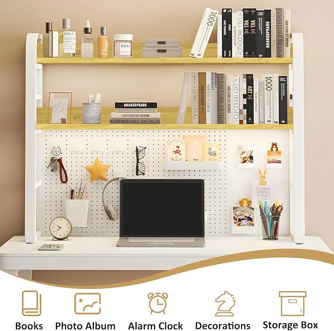 Desktop Hutch Bookshelf with Pegboard,Desk Organizer Shelf Bookcase, Countertop Storage Organizer Rack for Dorm Office Home Dormitory (White, 95CM/37.4IN)