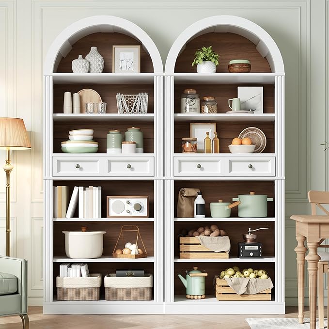 RALGEND Arched Bookshelf Set of 2, 73" Tall Arch Bookcase with Drawers, 6-Tier Farmhouse Book Shelf, Wooden Bookshelf with Open Display Shelves for Living Room, Office, Walnut and White