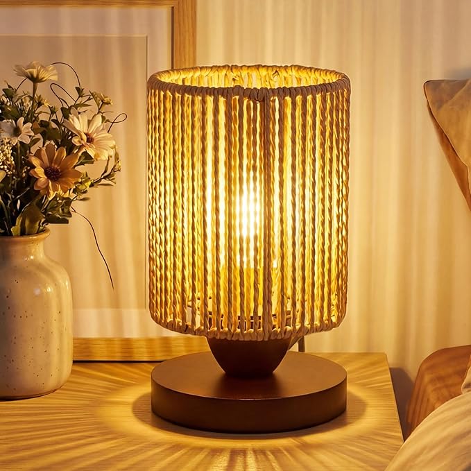 Rattan Table Lamp, Boho Bedroom Bedside Small Lamps with Warm White LED Bulb, Vintage Wooden Nightstand Nightlight, Rustic Handmade Woven End Desk Lamps for Bedroom Living Room Study Kids Room