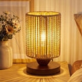 Rattan Table Lamp, Boho Bedroom Bedside Small Lamps with Warm White LED Bulb, Vintage Wooden Nightstand Nightlight, Rustic Handmade Woven End Desk Lamps for Bedroom Living Room Study Kids Room